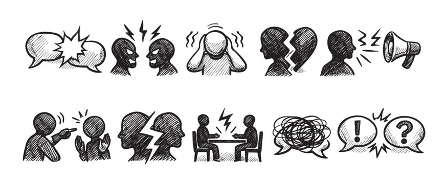 This black and white illustration displays various conflict icons: arguing, stress, broken heart, accusation, and confusion; suitable for content about communication, problems, or relationships.