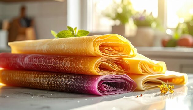 FlyPro Firefly array of colorful, reusable beeswax wraps artfully folded and stacked, captured in a professional camera shot within a warm, inviting kitchen.