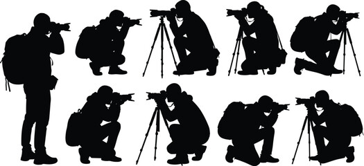 Photographer silhouettes using camera and tripod in different shooting poses isolated on white background professional photography illustration vector set © MdMojibar