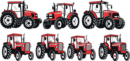 Red tractor illustration set featuring modern and vintage farm vehicles isolated on white background, agricultural machinery collection for farming, rural industry, and equipment design © MdMojibar