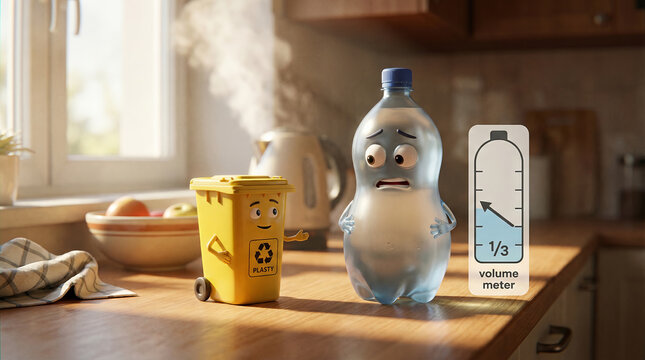 Plastic bottle and recycling bin on kitchen counter