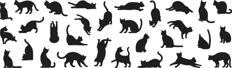Set of black cat silhouettes showing playful feline poses, domestic pet vector illustration collection isolated on white background for design, animation, and animal concepts © MdMojibar