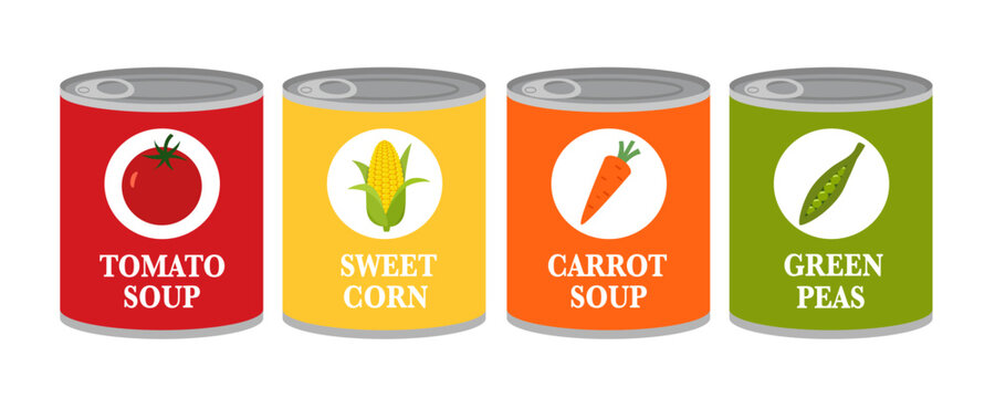 Colorful canned goods including vegetables in flat design vector illustration.