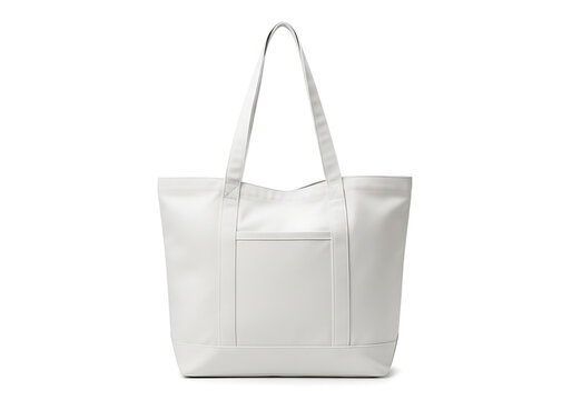 A white leather tote bag with a pocket on a plain white background from a front view