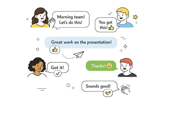 Team chat communication culture. Friendly team chat with supportive messages, thumbs-up reactions, and short acknowledgements. Positive