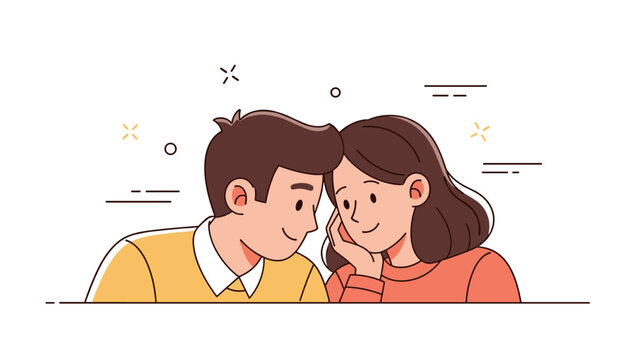 Young caucasian couple smiling with heads together in simple illustration