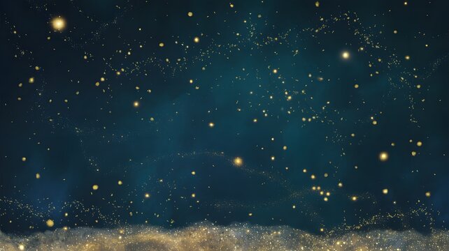 A dark blue night sky filled with sparkling gold stars and glittering dust