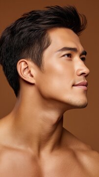 Profile of a male model with a defined jawline and side pose against a warm brown background