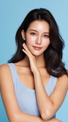 Naklejka premium Elegant Asian female model showcasing framed V-line jaw shape with soft expression against a pastel blue background