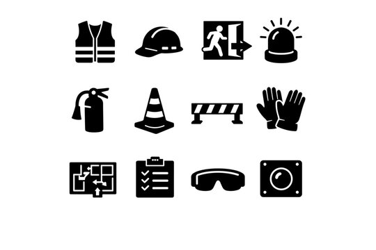 Workplace Safety. Solid icon set of Workplace Safety: safety vest, helmet, emergency exit, alarm bell, fire extinguisher, safety cone, hazard tape, protective