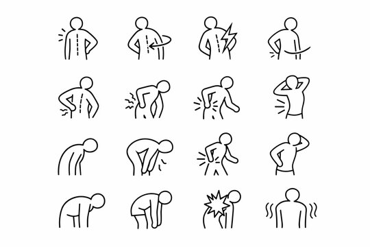 Back Pain Symptoms. Line icon set of Back Pain Symptoms: stiffness back, limited movement sign, sharp pain flash, dull ache curve, muscle tightness, pain while