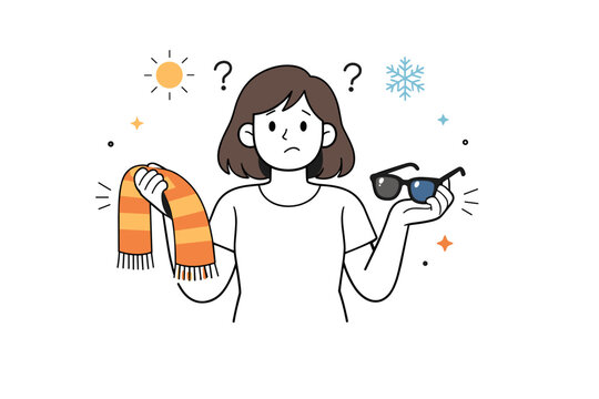 Seasonal discomfort visuals. Person holding a scarf and sunglasses at the same time, unsure how to dress for the day. Gentle humor and relatable confusion in a