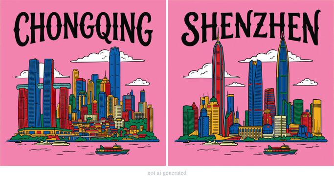 A vibrant set of two hand-drawn vector illustrations featuring the dynamic skylines of Chongqing and Shenzhen, China. The Chongqing artwork showcases the iconic Raffles City "horizontal skyscraper" an
