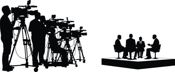 Silhouette of professional camera crew filming a live television talk show interview with four businessmen on stage for news broadcast media and journalism projects