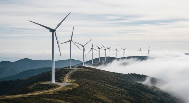 Wind Turbines on Mountain Ridge: Sustainable Energy Landscape with Fog and Renewable Technology for Green Power and Environmental Conservation, Offering a Vision of a Clean Future