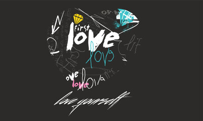 tees art, writing love graffiti, love yourself slogan grunge effect slogan Calligraphy, grunge LOVE urban style quote typography. Urban graffiti typography slogan print, Tees graphics print.eps © Sukman
