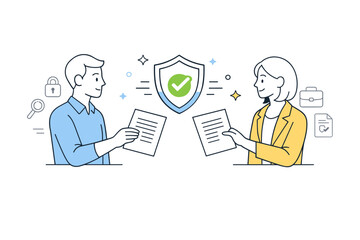 Reliable partnership. People exchanging documents with a small shield or checkmark icon between them. The scene represents transparency,