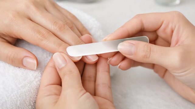 Manicure process with nail file shaping natural nails in beauty salon closeup scene