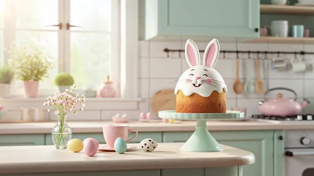 A cute festive Easter cake with ears on the kitchen table