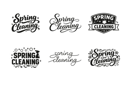 Spring cleaning. Set lettering. harmonious lettering variations of the same emblematic concept, each with different artistic interpretation