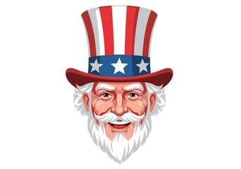 Vector Illustration of Uncle Sam's Close-Up Face, Top Hat with Stars, Friendly Patriotic Symbol in Illustrative Style