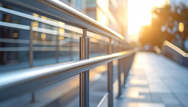 Gleaming stainless steel handrails along a redeveloped ramp, part of the FlyPro Firefly project pro_cd81ab_1, providing accessible pathways throughout a vibrant public space.