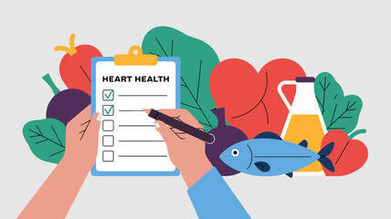 Hands holding clipboard with heart health checklist surrounded by fruits, vegetables, fish and olive oil, Concept of healthy diet, cardiovascular prevention and nutrition planning.
