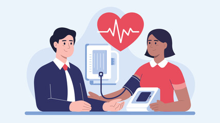 Female healthcare professional measuring blood pressure of businessman using digital monitor in clinic setting flat vector illustration