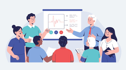 Medical team discussing heart rate results during presentation in clinic meeting room, cardiology education and medical teamwork vector