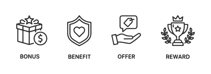 Fototapeta premium Bonus, benefit, offer and reward editable stroke outline icons set isolated on white background flat vector illustration.