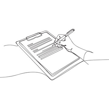 Continuous line drawing of hand writing on a document on a clipboard