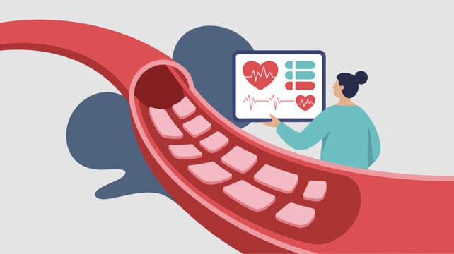 Doctor analyzing cholesterol plaque buildup inside artery with heart rate data on digital screen flat vector illustration