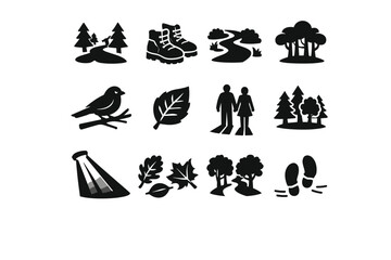 Obraz premium Forest Walk. Solid icon set of Forest Walk: tree-lined trail, walking boots, nature pathway, forest canopy, bird in tree, leaf detail, couple