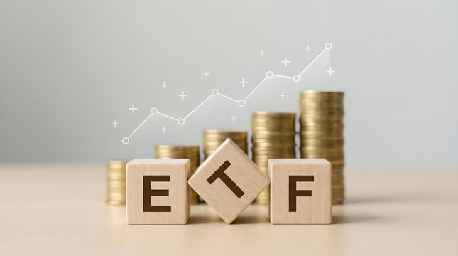 ETF Investment Growth Concept: Coins, Blocks, and Upward Trend Line