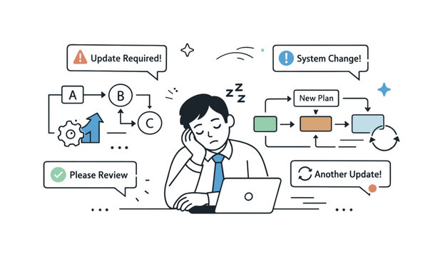 Overwhelmed businessman sleeping at desk with complex workflow diagrams and notifications