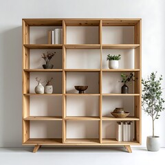 Wooden bookcase with various decorative items against a white wall in a well-lit room