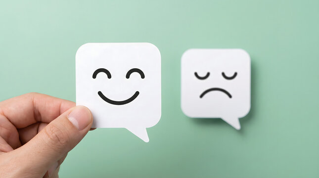 Hand holding happy face speech bubble against sad face symbol on green background