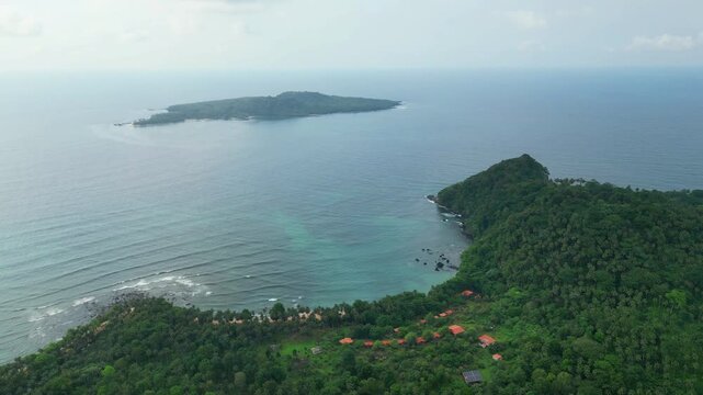 Aerial view of the Inhame resort located on the south coast of the island, with Ilh&eacute;u das Rolas in the background.S&atilde;o Tom&eacute;,Africa