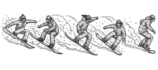 Fototapeta premium Detailed black and white sketch illustration of snowboarders wearing winter gear riding downhill, creating a dynamic scene. Good for winter sports, recreation, or design concepts.