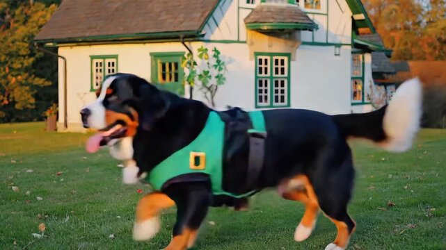 Adorable bernese mountain dog in a funny green leprechaun costume for a holiday celebration. Sequence showing the pet sitting patiently and then running across the lawn at sunset