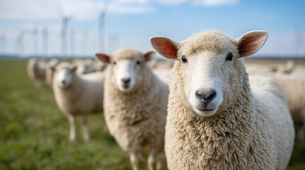 Obraz premium Curious sheep in green pasture with wind turbines in the background