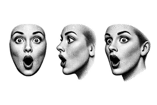 Black and white pop art face surprised expression A human face with a surprised expression is depicted as a single object shown from three different views: