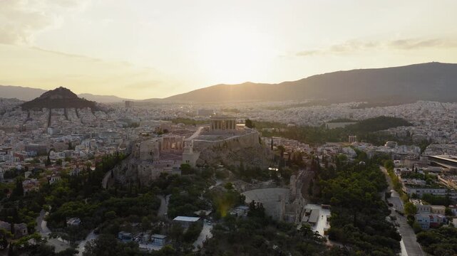Acropolis Parthenon Athens Greece sunrise Odeon of Herodes Atticus amphitheatre aerial drone