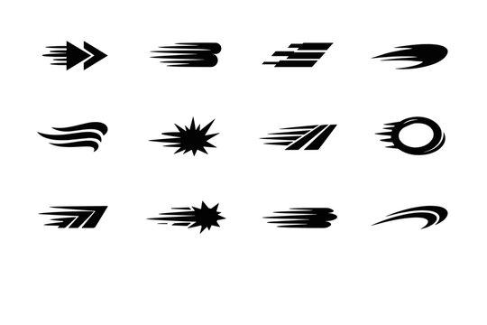 Speed Trail. Solid icon set of Speed Trail: fast forward arrow, speed line, racing trail, aerodynamic lines, swoosh effect, wind streak, acceleration burst,