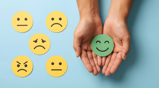 Hands holding happy smiley face icon among sad faces, customer satisfaction concept