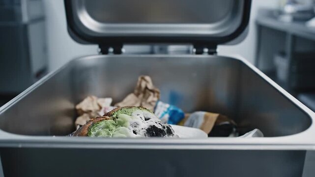 Hand in blue glove throws moldy bread into trash bin, food waste concept