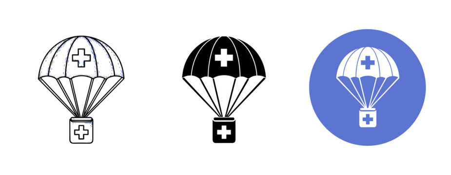 Medical parachute icons: cross symbol on parachute packs