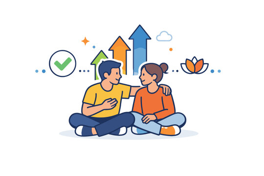 Emotional growth supported by close friendship friends sitting and talking beside abstract progress symbols like arrows and dots,