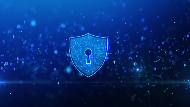 Glowing digital shield with keyhole over abstract binary network and connected data particles. Concept of cybersecurity, encryption, privacy protection and secure online technology