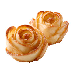Fototapeta premium Two golden baked apple roses on a white background